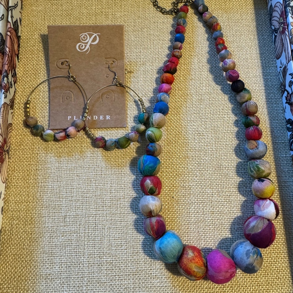 Plunder Colorful Fabric Beaded Necklace and Earring Set